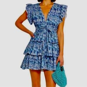 O.P.T. Blue Floral Ruffled Mini Dress, Cottage Core Baby Doll Swiftie vacation S